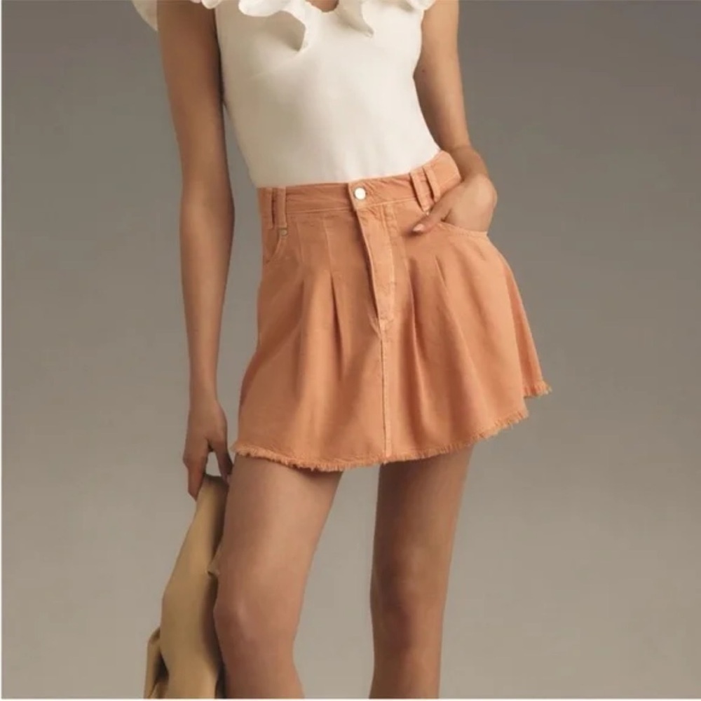 Anthropologie Pilcro Peach Pleated Micro Denim Mini Skirt with a Frayed Hem